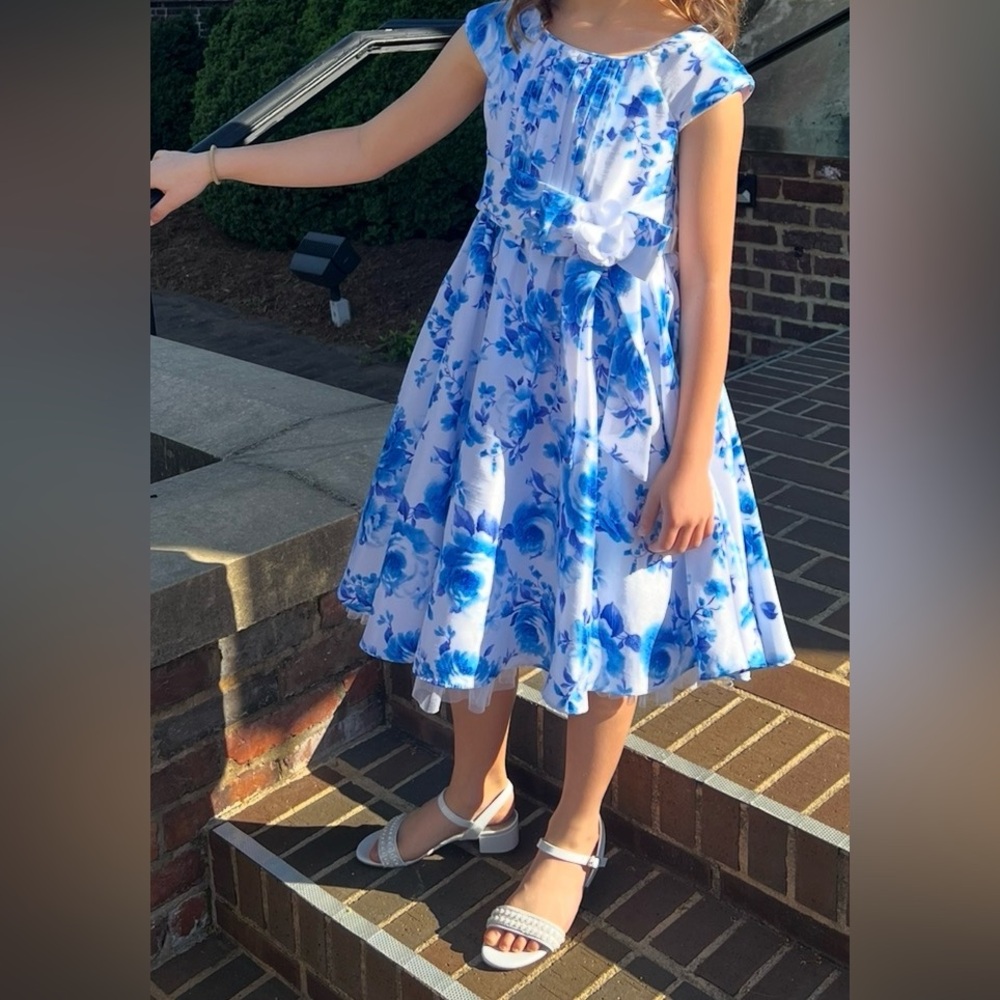 Jona Michelle Girl's Blue and White Floral Party Dress